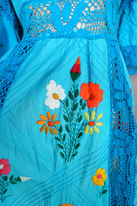 HANDMADE 70s VIVID TURQUOISE EMBROIDERED MEXICAN MAXI DRESS - S