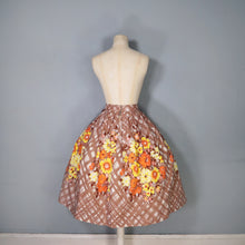 Load image into Gallery viewer, 50s BROWN WITH YELLOW AND ORANGE FLOWER PRINT FULL COTTON SKIRT - 30"