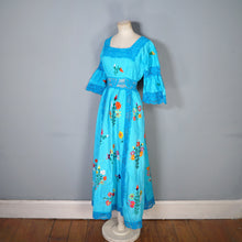 Load image into Gallery viewer, HANDMADE 70s VIVID TURQUOISE EMBROIDERED MEXICAN MAXI DRESS - S