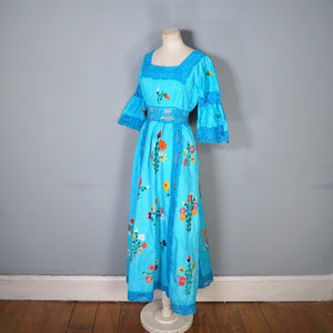 HANDMADE 70s VIVID TURQUOISE EMBROIDERED MEXICAN MAXI DRESS - S