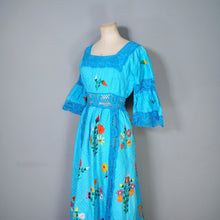Load image into Gallery viewer, HANDMADE 70s VIVID TURQUOISE EMBROIDERED MEXICAN MAXI DRESS - S
