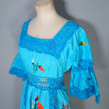 Load image into Gallery viewer, HANDMADE 70s VIVID TURQUOISE EMBROIDERED MEXICAN MAXI DRESS - S
