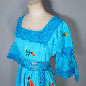 HANDMADE 70s VIVID TURQUOISE EMBROIDERED MEXICAN MAXI DRESS - S