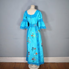 Load image into Gallery viewer, HANDMADE 70s VIVID TURQUOISE EMBROIDERED MEXICAN MAXI DRESS - S