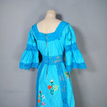 Load image into Gallery viewer, HANDMADE 70s VIVID TURQUOISE EMBROIDERED MEXICAN MAXI DRESS - S