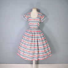 Load image into Gallery viewer, 50s GINGHAM CHECK AND RED-PINK FLORAL PRINT DAY DRESS - XS