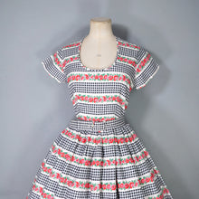 Load image into Gallery viewer, 50s GINGHAM CHECK AND RED-PINK FLORAL PRINT DAY DRESS - XS