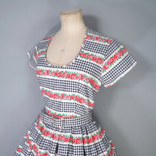 Load image into Gallery viewer, 50s GINGHAM CHECK AND RED-PINK FLORAL PRINT DAY DRESS - XS