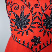Load image into Gallery viewer, 60s RED DRESS WITH SILVER AND BLACK SOUTACHE EMBELLISHMENT - S