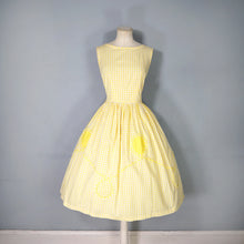 Load image into Gallery viewer, 50s 60s KAY WHITNEY YELLOW GINGHAM FULL SKIRTED DRESS WITH LACE SWIRLS - S