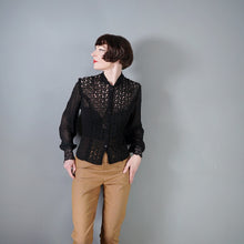 Load image into Gallery viewer, 40s 50s SHEER BLACK GOTHIC FLORAL LACE BLOUSE - S-M