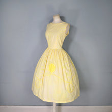 Load image into Gallery viewer, 50s 60s KAY WHITNEY YELLOW GINGHAM FULL SKIRTED DRESS WITH LACE SWIRLS - S