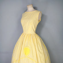 Load image into Gallery viewer, 50s 60s KAY WHITNEY YELLOW GINGHAM FULL SKIRTED DRESS WITH LACE SWIRLS - S