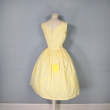Load image into Gallery viewer, 50s 60s KAY WHITNEY YELLOW GINGHAM FULL SKIRTED DRESS WITH LACE SWIRLS - S