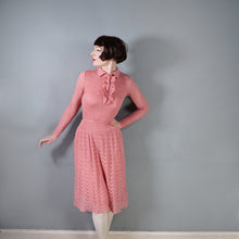 Load image into Gallery viewer, 70s SOFT DUSKY PINK KNIT FIT AND FLARE MIDI DRESS WITH RUFFLE  BIB - S-M