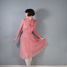 Load image into Gallery viewer, 70s SOFT DUSKY PINK KNIT FIT AND FLARE MIDI DRESS WITH RUFFLE  BIB - S-M