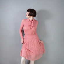 Load image into Gallery viewer, 70s SOFT DUSKY PINK KNIT FIT AND FLARE MIDI DRESS WITH RUFFLE  BIB - S-M