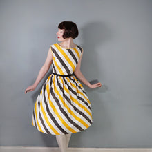 Load image into Gallery viewer, 50s 60s LINDA GAY BLACK YELLOW AND WHITE STRIPE COTTON DAY DRESS - M