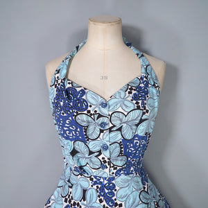 EARLY 50s BLUE WHITE LEAF PRINT FULL SKIRTED HALTER SUN DRESS - S