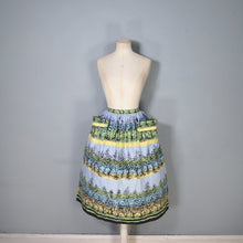 Load image into Gallery viewer, 50s GREEN YELLOW AND BLUE TREE / FOREST PRINT SKIRT WITH BIG POCKETS - 29&quot;