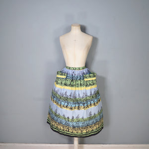 50s GREEN YELLOW AND BLUE TREE / FOREST PRINT SKIRT WITH BIG POCKETS - 29"