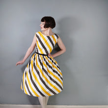 Load image into Gallery viewer, 50s 60s LINDA GAY BLACK YELLOW AND WHITE STRIPE COTTON DAY DRESS - M