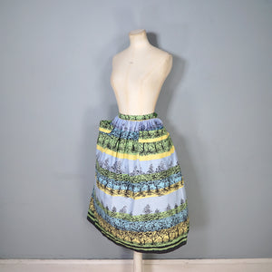 50s GREEN YELLOW AND BLUE TREE / FOREST PRINT SKIRT WITH BIG POCKETS - 29"