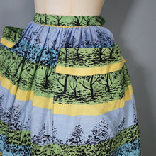 Load image into Gallery viewer, 50s GREEN YELLOW AND BLUE TREE / FOREST PRINT SKIRT WITH BIG POCKETS - 29&quot;