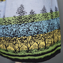 Load image into Gallery viewer, 50s GREEN YELLOW AND BLUE TREE / FOREST PRINT SKIRT WITH BIG POCKETS - 29&quot;