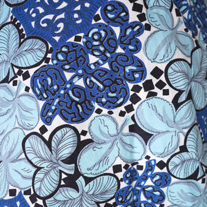 EARLY 50s BLUE WHITE LEAF PRINT FULL SKIRTED HALTER SUN DRESS - S