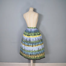 Load image into Gallery viewer, 50s GREEN YELLOW AND BLUE TREE / FOREST PRINT SKIRT WITH BIG POCKETS - 29&quot;