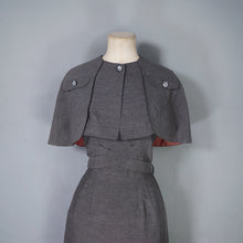 Load image into Gallery viewer, 60s KITTY COPELAND GREY FITTED PENCIL DRESS WITH DETATCHABLE CAPE - S