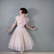 Load image into Gallery viewer, 50s SOFTEST PASTEL BALLET PINK FULL SKIRTED SHEER FLOCKED PARTY DRESS - M