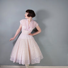 Load image into Gallery viewer, 50s SOFTEST PASTEL BALLET PINK FULL SKIRTED SHEER FLOCKED PARTY DRESS - M