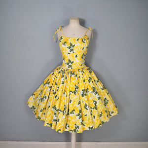60s STRAPPY TIE SHOULDER BRIGHEST YELLOW FLORAL SUN DRESS - XS-S