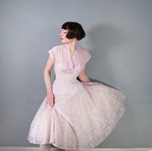 Load image into Gallery viewer, 50s SOFTEST PASTEL BALLET PINK FULL SKIRTED SHEER FLOCKED PARTY DRESS - M