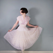 Load image into Gallery viewer, 50s SOFTEST PASTEL BALLET PINK FULL SKIRTED SHEER FLOCKED PARTY DRESS - M
