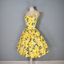Load image into Gallery viewer, 60s STRAPPY TIE SHOULDER BRIGHEST YELLOW FLORAL SUN DRESS - XS-S