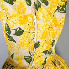 Load image into Gallery viewer, 60s STRAPPY TIE SHOULDER BRIGHEST YELLOW FLORAL SUN DRESS - XS-S