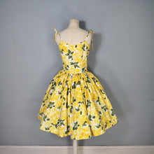 Load image into Gallery viewer, 60s STRAPPY TIE SHOULDER BRIGHEST YELLOW FLORAL SUN DRESS - XS-S