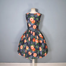 Load image into Gallery viewer, 50s 60s STORM GREY AND VIVID ORANGE FLORAL ROSE PRINT DRESS - L / volup
