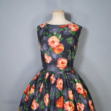Load image into Gallery viewer, 50s 60s STORM GREY AND VIVID ORANGE FLORAL ROSE PRINT DRESS - L / volup
