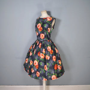 50s 60s STORM GREY AND VIVID ORANGE FLORAL ROSE PRINT DRESS - L / volup