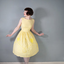Load image into Gallery viewer, 50s 60s KAY WHITNEY YELLOW GINGHAM FULL SKIRTED DRESS WITH LACE SWIRLS - S