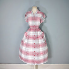 Load image into Gallery viewer, 40s RED AND GREY CHECK BUTTON THROUGH RAYON DAY DRESS - S