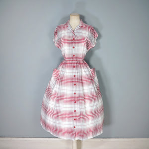 40s RED AND GREY CHECK BUTTON THROUGH RAYON DAY DRESS - S