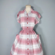 Load image into Gallery viewer, 40s RED AND GREY CHECK BUTTON THROUGH RAYON DAY DRESS - S