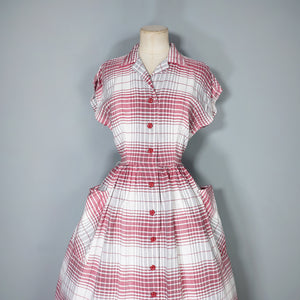 40s RED AND GREY CHECK BUTTON THROUGH RAYON DAY DRESS - S