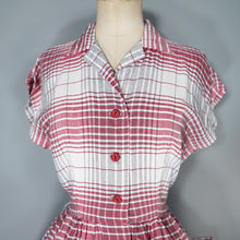 Load image into Gallery viewer, 40s RED AND GREY CHECK BUTTON THROUGH RAYON DAY DRESS - S