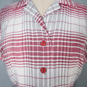 40s RED AND GREY CHECK BUTTON THROUGH RAYON DAY DRESS - S